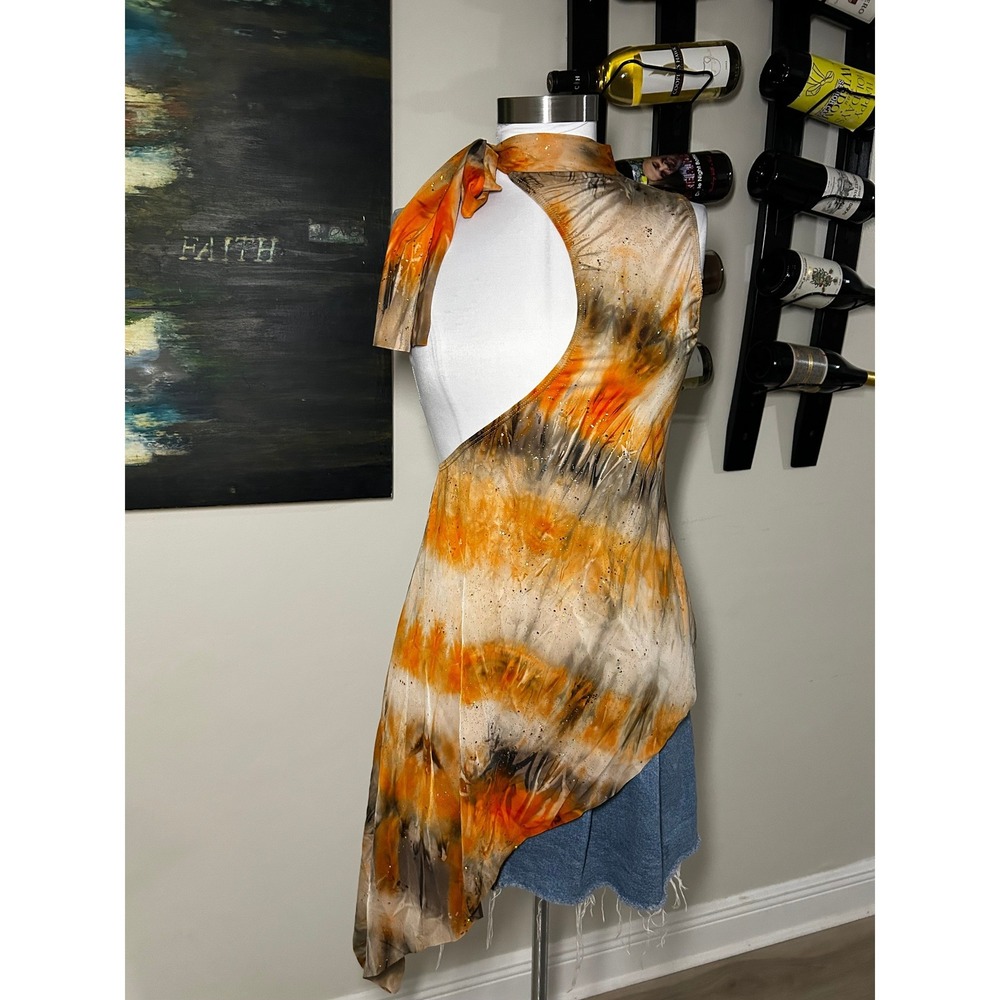 Leo's Dancewear Asymmetrical Tie Dye Tunic Top Orange Black Glitter Small